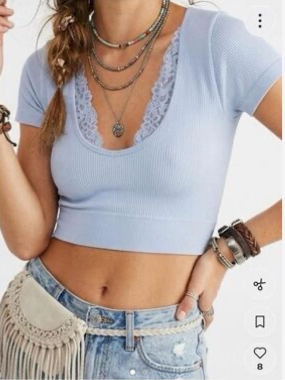 Super chill by Aerie Light Blue Cropped Scoop Neck Ribbed Top with Lace Trim